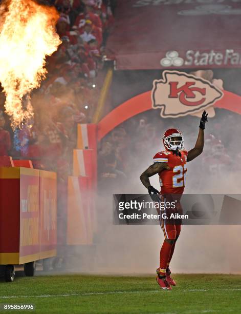 Cornerback Marcus Peters of the Kansas City Chiefs is introduced prior to a game against the Los Angeles Chargers at Arrowhead Stadium on December...