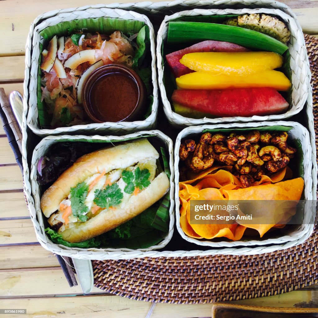 Exotic lunch served in a basket