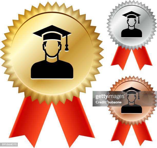 graduating man's face portrait gold medal prize ribbons - graduation stage stock illustrations