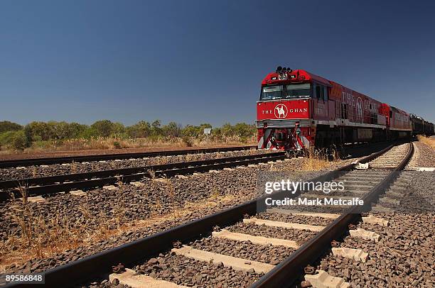 The Ghan waits in Katherine train station on August 4, 2009 in Northern Territory, Australia. The commemorative trip from Adelaide to Darwin...