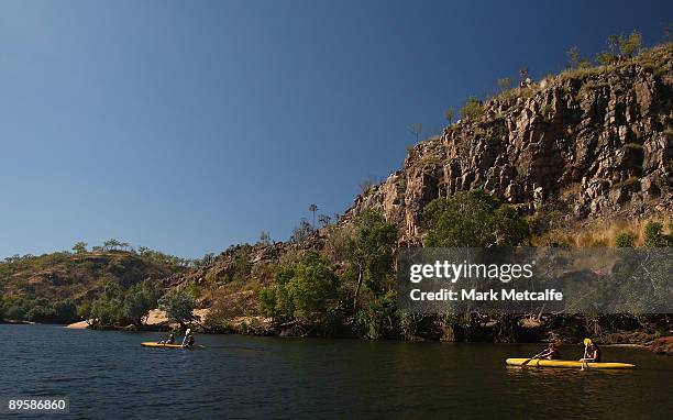 Kayakers paddle up Katherine Gorge on August 4, 2009 in the Northern Territory, Australia. The commemorative trip from Adelaide to Darwin celebrates...