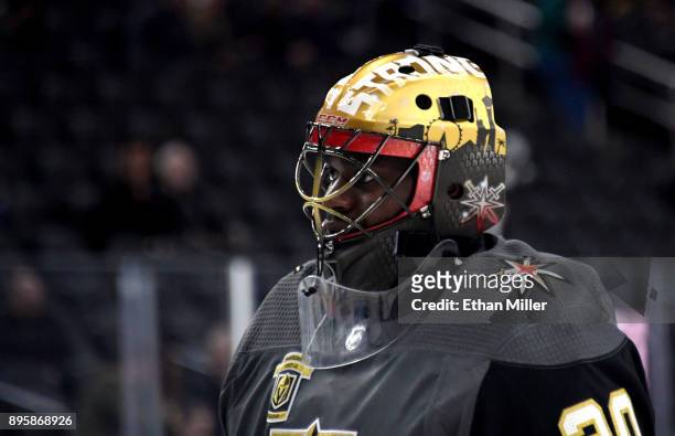 Malcolm Subban of the Vegas Golden Knights warms up before a game against the Tampa Bay Lightning at T-Mobile Arena on December 19, 2017 in Las...