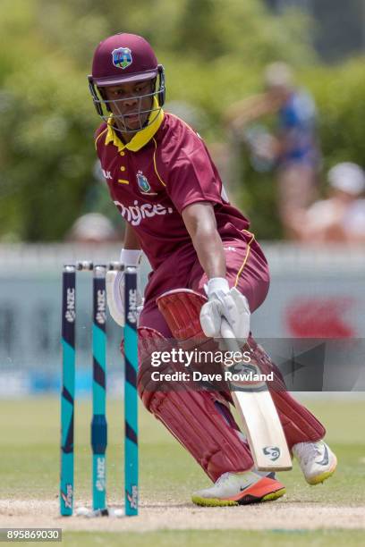 Shimron Hetmyer of West Indies bats during the first match in the One Day International series between New Zealand and the West Indies at Cobham Oval...