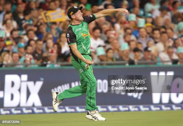 Melbourne Stars player James Faulkner fields the ball during the Big Bash League match between the Brisbane Heat and the Melbourne Stars at The Gabba...