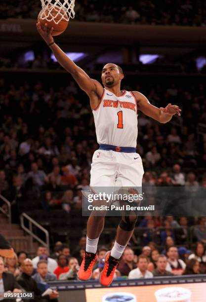 Ramon Sessions of the New York Knicks lays up a shot in a pre-season NBA basketball game against the Washington Wizards on October 13, 2017 at...