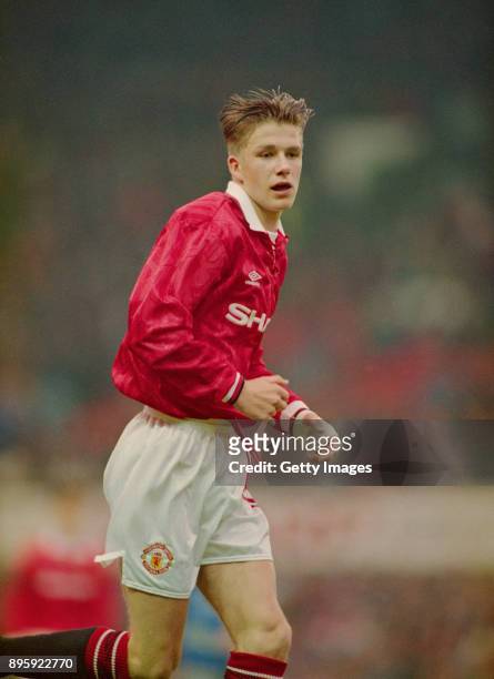 David Beckham of Manchester United in action during a Youth team game at Old Trafford on May 13, 1993 in Manchester, England.