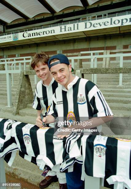 Newcastle United fans and entertainers Ant and Dec at the launch at St James' Park on May 10, 1995 of the new adidas 'grandad collar shirt' which...