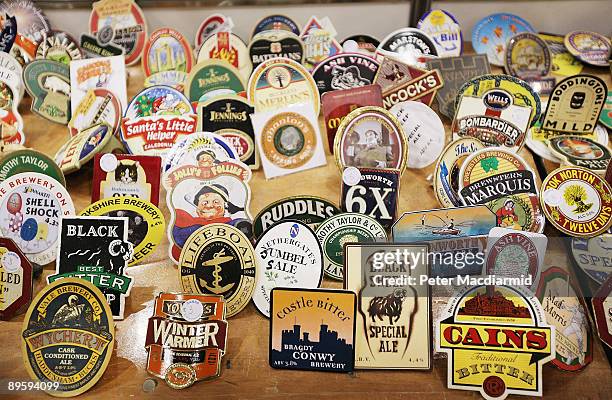 Branded pump clips are displayed for sale at the Great British Beer Festival on August 4, 2009 in London. The festival is organised by CAMRA who have...
