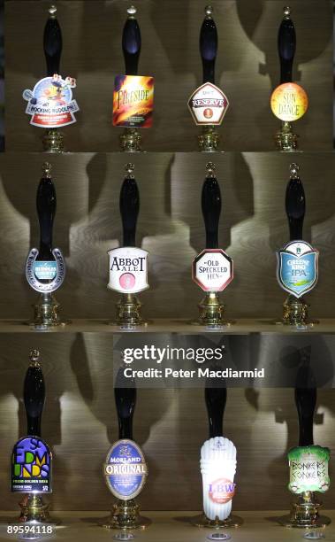 Branded beer pumps are displayed at The Great British Beer Festival on August 4, 2009 in London. The festival is organised by the Campaign for Real...