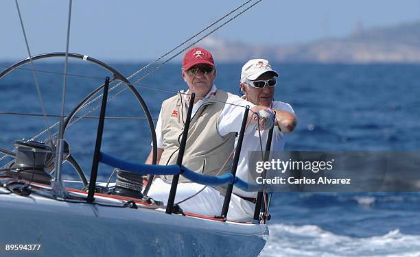 King Juan Carlos of Spain on board of "Bribon" during the 28th Copa del Rey Mapfre Audi Sailing Cup on August 4, 2009 in Mallorca, Spain.