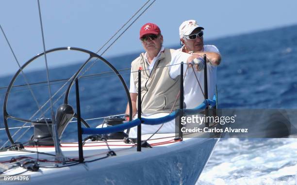 King Juan Carlos of Spain on board of "Bribon" during the 28th Copa del Rey Mapfre Audi Sailing Cup on August 4, 2009 in Mallorca, Spain.