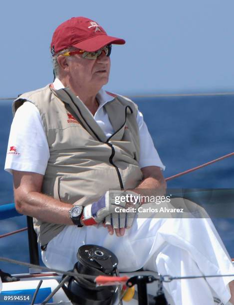 King Juan Carlos of Spain on board of "Bribon" during the 28th Copa del Rey Mapfre Audi Sailing Cup on August 4, 2009 in Mallorca, Spain.