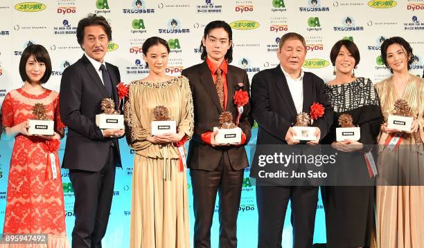 Actress Minami Hamabe, Koji Yakusho, Yu Aoi, Masaki Suda, Takeshi Kitano, Yukiko Mishima and Reina Tanaka attend the Hochi Film Awards at the Prince...
