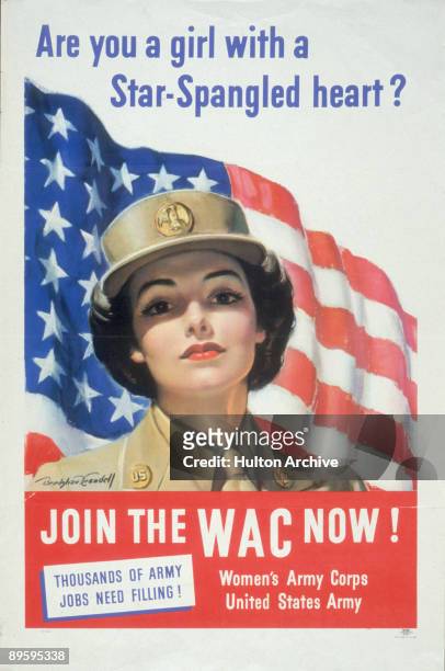 Women's Army Corps recruitment poster entitled 'Are You A Girl With Star-Spangled Heart?' depicts a uniformed woman against an American flag...