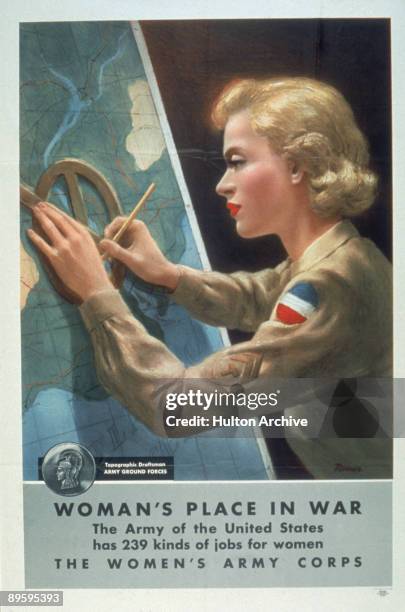 Women's Army Corps recruitment poster entiled 'Woman's Place In War' states that 'The Army of the United States has 239 kinds of jobs for women' and...