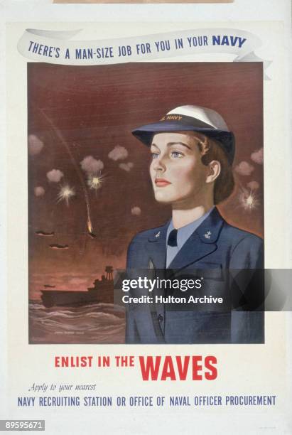 Navy recruitment poster for the 'Women Accepted for Volunteer Emergency Service' program, depicts a uniformed woman while anti-aircraft fire explodes...