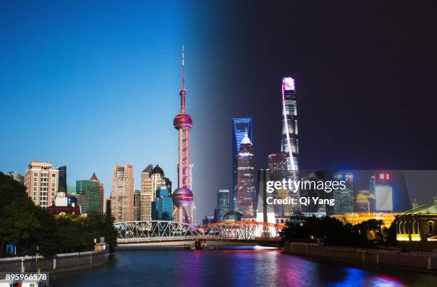 shanghai pudong day and night,china - sequenz tag und nacht stock-fotos und bilder