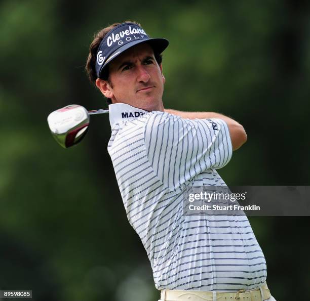 Gonzalo Fernandez - Castano of Spain plays his tee shot during a practice round of the World Golf Championship Bridgestone Invitational on August 4,...