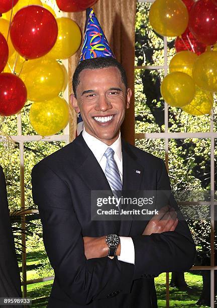 President Barack Obama wax figure seen during a celebration of President Barack Obama's first birthday in office at Madame Tussauds on August 4, 2009...