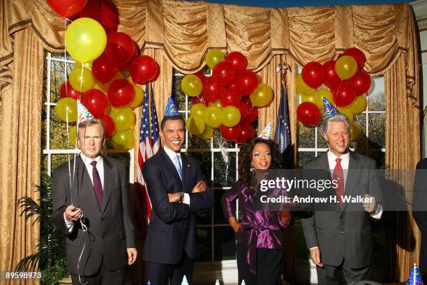 Overview of the George W. Bush, Barack Obama, Oprah Winfrey and Bill Clinton wax figures at Madame Tussauds' celebration of President Barack Obama's...