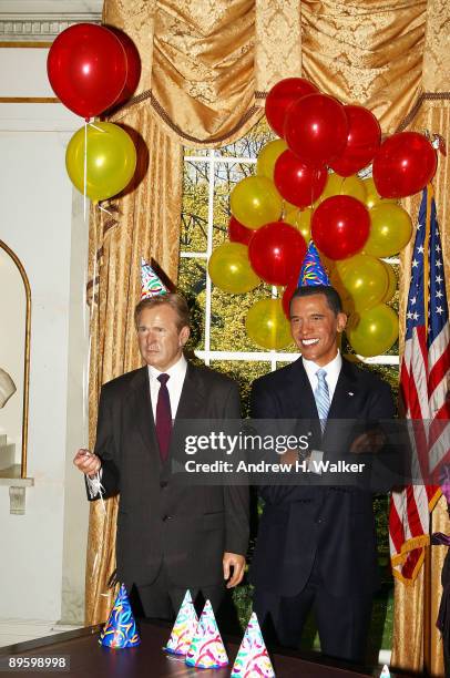 Overview of the George W. Bush and President Barack Obama wax figures at Madame Tussauds' celebration of President Barack Obama's Birthday at Madame...