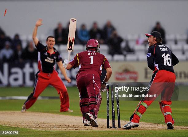 Gareth Cross of Lancashire stumps Andrew Hall of Northamptonshire off the bowling of Stephen Parry during the NatWest Pro40 Division Two match...
