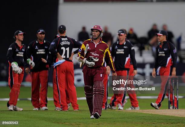 Nicky Boje of Northampton heads back to the pavillion after losing his wicket during the NatWest Pro40 Division Two match between Northamptoshire and...