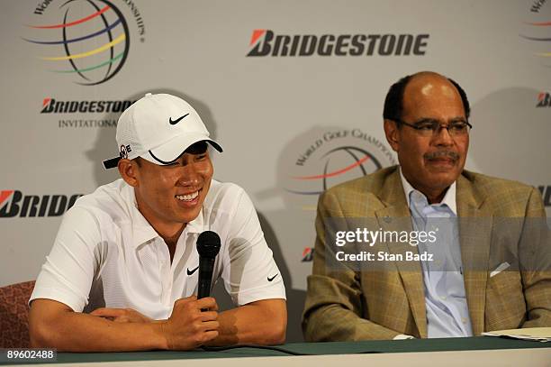 Anthony Kim, left, helped launched The First Tee Young Ambassadors Council with Joe Louis Barrow, Jr., right, CEO of The First Tee program during a...