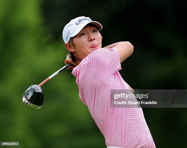 Danny Lee of New Zealand plays his tee shot during a practice round of the World Golf Championship Bridgestone Invitational on August 4, 2009 at...