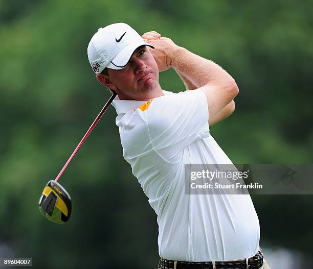 Lucas Glover of the U.S. Plays his tee shot during a practice round of the World Golf Championship Bridgestone Invitational on August 4, 2009 at...