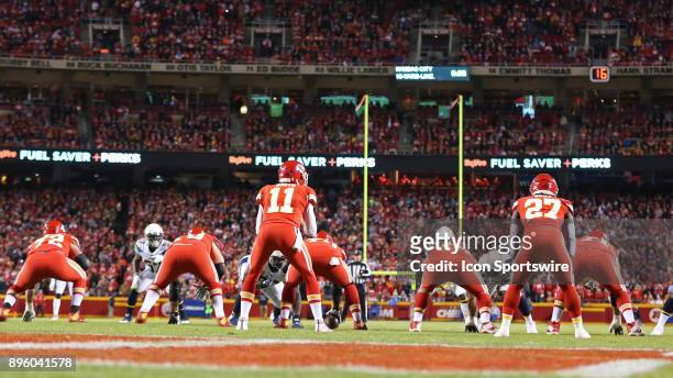 Wide view of Arrowhead Stadium as Kansas City Chiefs quarterback Alex Smith prepares to take the snap deep in his own territory in the third quarter...
