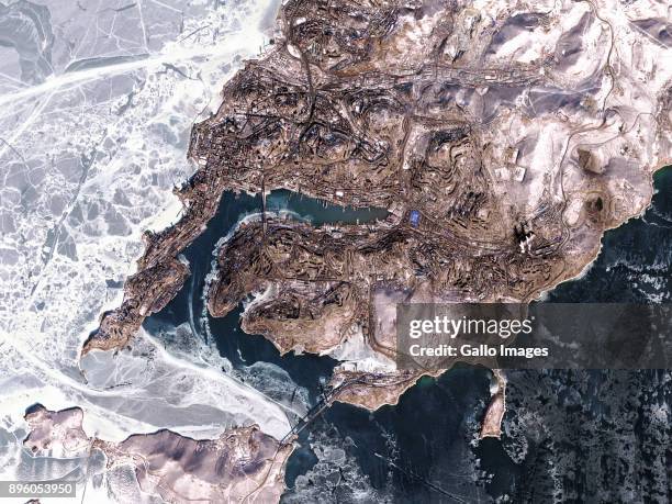 Satellite image of the free port city of Vladivostok in Golden Horn Bay on Russia's Pacific Coast on January 30, 2017 in Vladivostok, Primorsky Krai,...