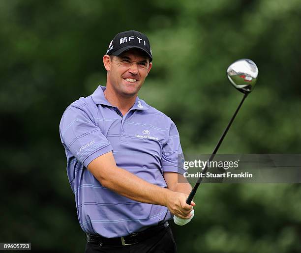 Padraig Harrington of Ireland plays his tee shot during a practice round of the World Golf Championship Bridgestone Invitational on August 4, 2009 at...