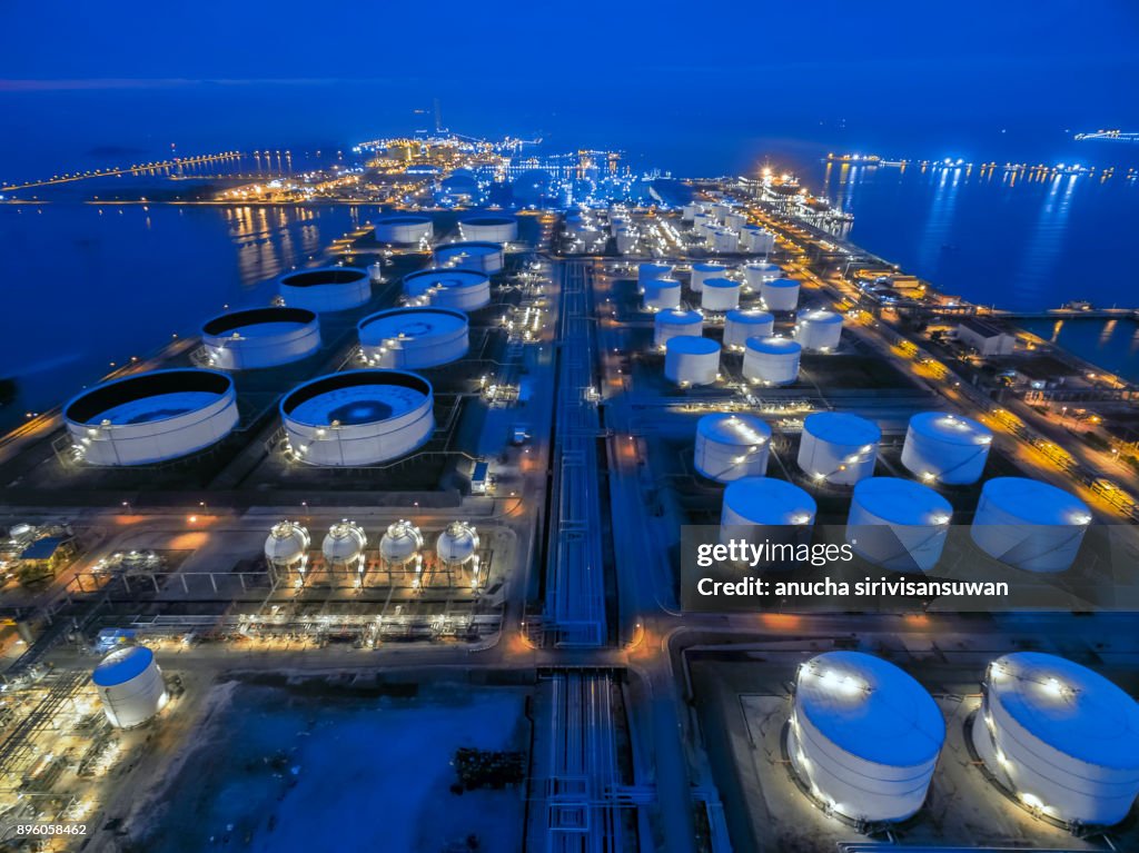Aerial view oil refinery at twilight, thailand.