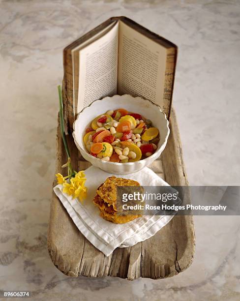 soup with potato pancakes and book - pattypan squash stock-fotos und bilder