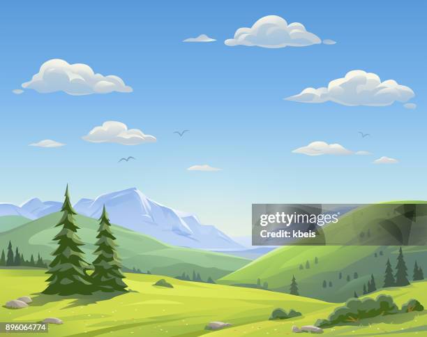 ilustraciones, imágenes clip art, dibujos animados e iconos de stock de hermoso paisaje de montaña - colina