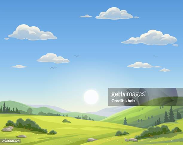 illustrazioni stock, clip art, cartoni animati e icone di tendenza di alba su un bellissimo paesaggio - orizzonte su terra