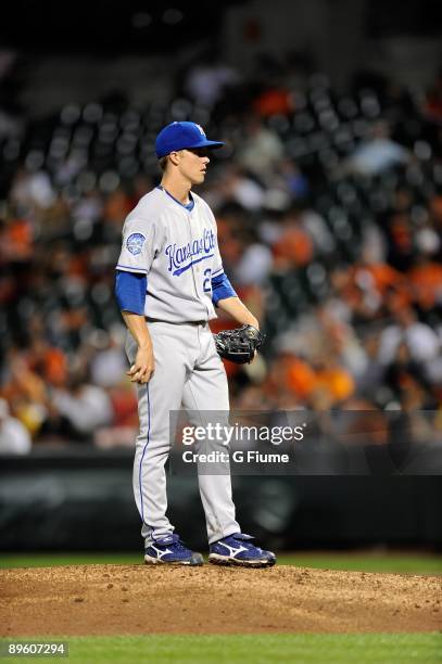 Zack Greinke of the Kansas City Royals pitches against the Baltimore Orioles at Camden Yards on July 29, 2009 in Baltimore, Maryland.