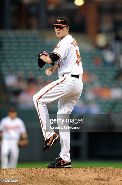 Chris Tillman of the Baltimore Orioles pitches against the Kansas City Royals at Camden Yards on July 29, 2009 in Baltimore, Maryland.