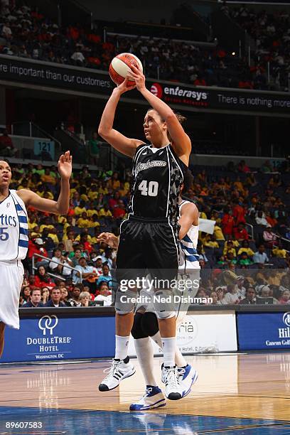 Megan Frazee of the San Antonio Silver Stars takes a jump shot against the Washington Mystics during the game at the Verizon Center on July 15, 2009...