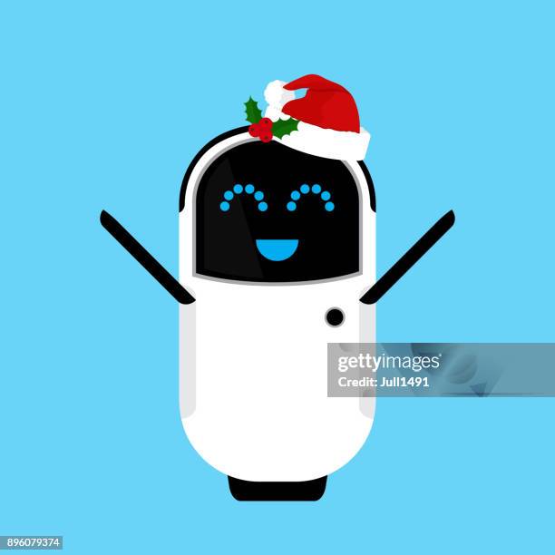 bildbanksillustrationer, clip art samt tecknat material och ikoner med funny glad robot i hatten av jultomten. - santa hat icon