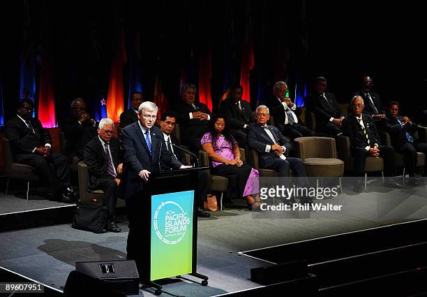 Australian Prime Minister Kevin Rudd speaks during the Opening Ceremony of the Pacific Islands Forum at the Cairns Convention Centre on August 4,...
