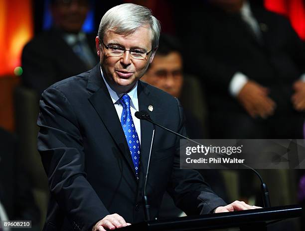 Australian Prime Minister Kevin Rudd speaks during the Opening Ceremony of the Pacific Islands Forum at the Cairns Convention Centre on August 4,...