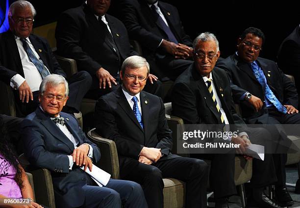 Australian Prime Minister Kevin Rudd sits with Niue Premier Toke Tufukia Talagi and Secretary General Tuiloma Neroni Slade during the Opening...