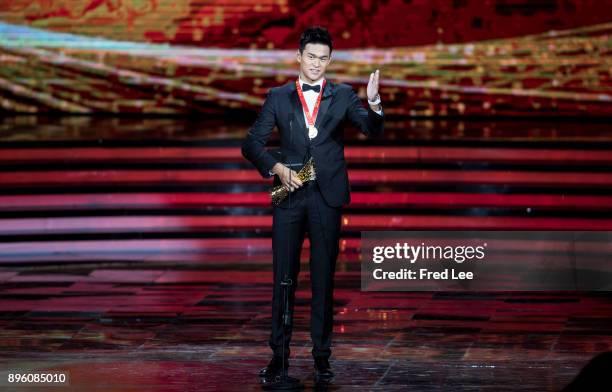 Chinese swimmer Sun Yang poses after receiving 'The Top 10 Laurence Award Ceremony In China' awards ceremony on December 20, 2017 in Beijing, China.