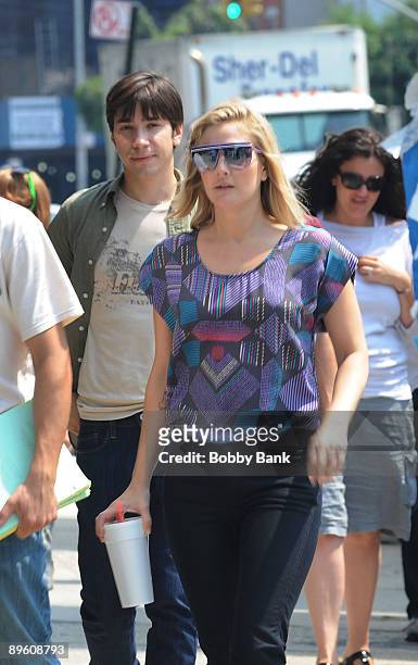 Justin Long and Drew Barrymore on the set of "Going the Distance" on the Streets of Brooklyn on August 4, 2009 in New York City.
