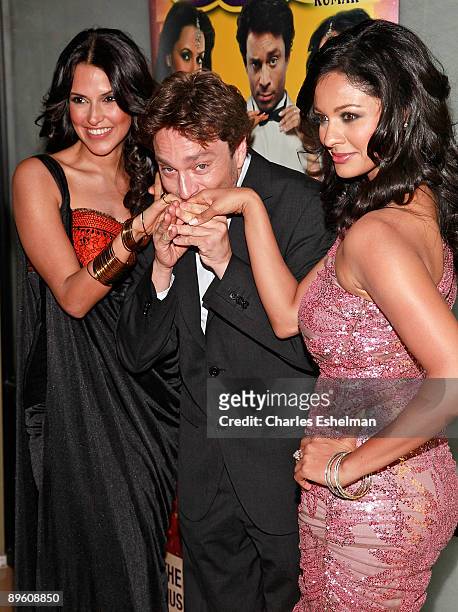 Actors Neha Dhupia, Chris Kattan and Pooja Kumar attend a screening of "Bollywood Hero" at the Rubin Museum of Art on August 4, 2009 in New York City.