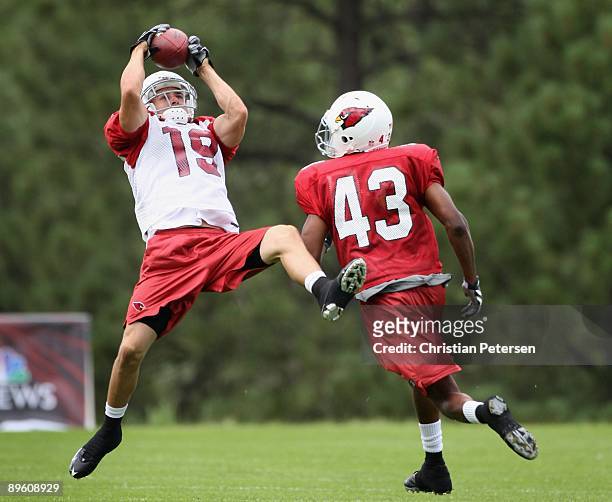 Wide receiver Lance Long of the Arizona Cardinals makes a reception under pressure from cornerback Jameel Dowling during the evening team training...