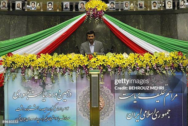 Iranian President Mahmoud Ahmadinejad delivers a speech after taking the oath of office during a swearing-in ceremony at the parliament in Tehran on...