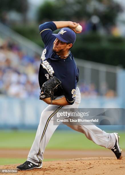 Yovani Gallardo of the Milwaukee Brewers pitches against the Los Angeles Dodgers at Dodger Stadium on August 4, 2009 in Los Angeles, California.